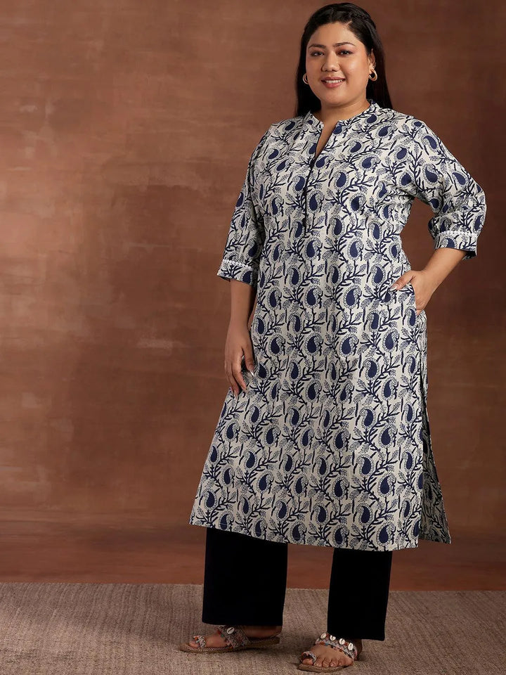 Plus Size Blue Printed Cotton Kurta - Libas