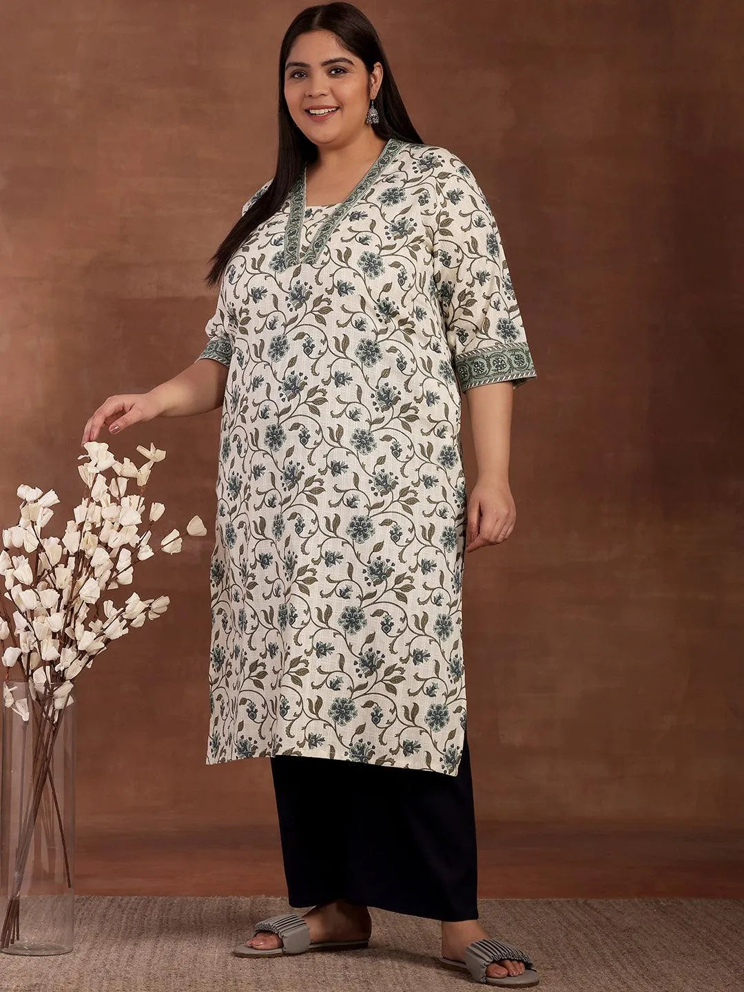 Plus Size Off White Printed Cotton Kurta - Libas