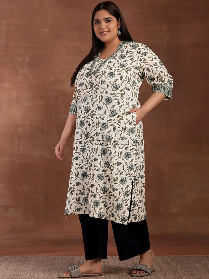 Plus Size Off White Printed Cotton Kurta - Libas