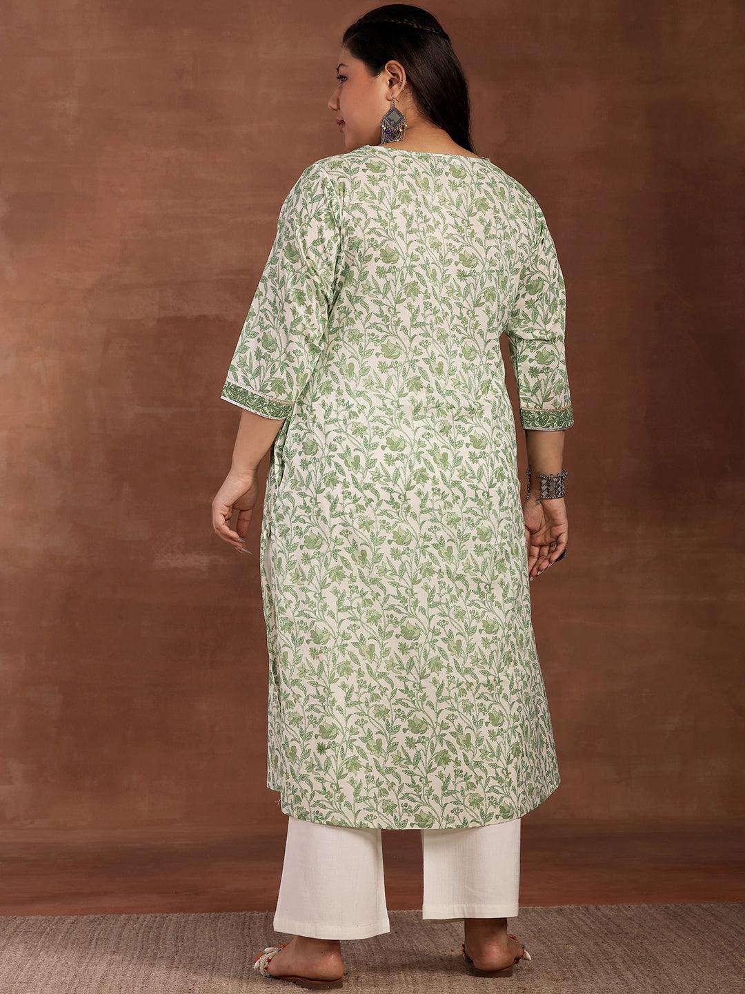 Plus Size Green Printed Cotton Kurta - Libas