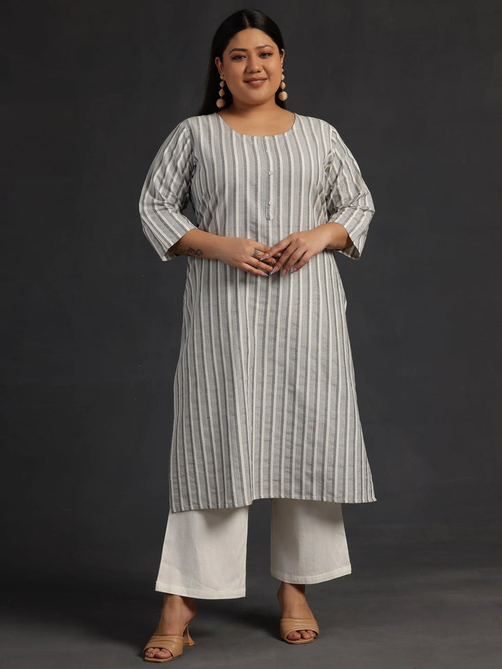 Plus Size Off White Printed Cotton Straight Kurta - Libas