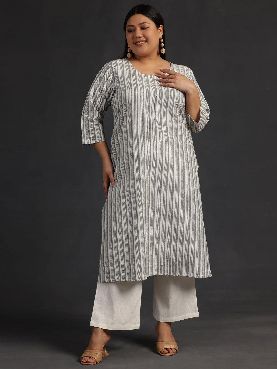 Plus Size Off White Printed Cotton Straight Kurta - Libas