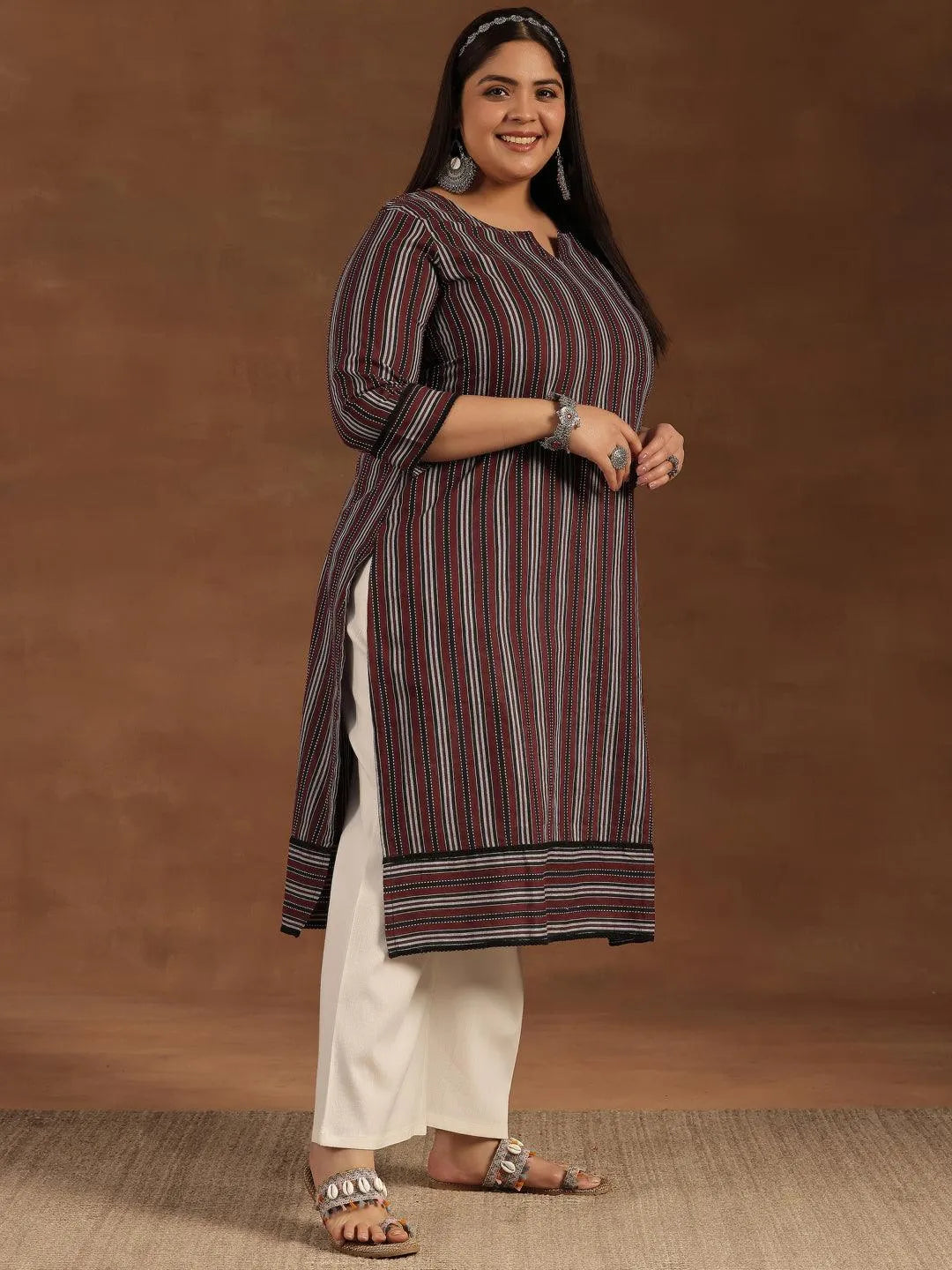 Plus Size Maroon Printed Cotton Straight Kurta - Libas 