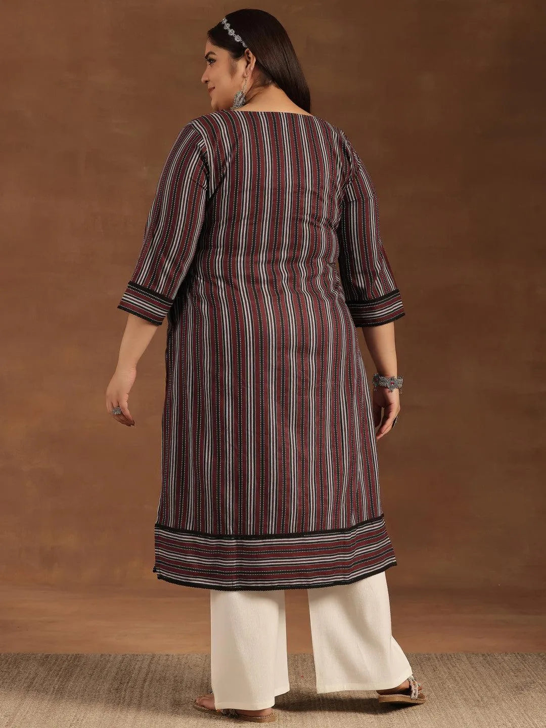 Plus Size Maroon Printed Cotton Straight Kurta - Libas 
