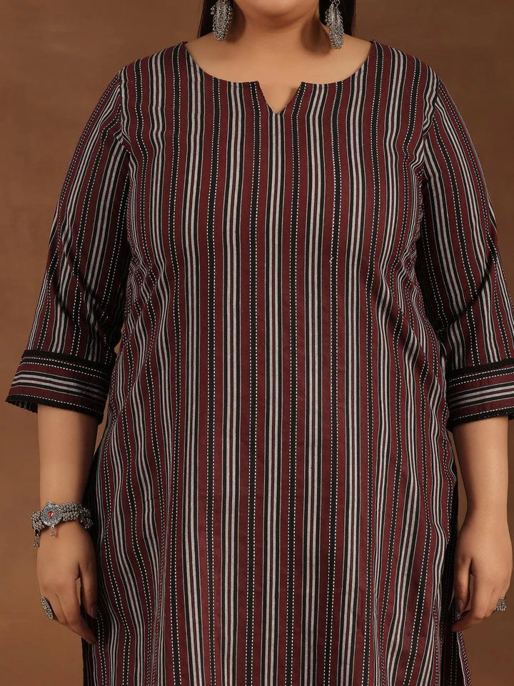 Plus Size Maroon Printed Cotton Straight Kurta - Libas