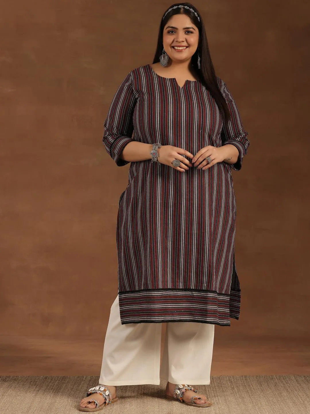 Plus Size Maroon Printed Cotton Straight Kurta - Libas 