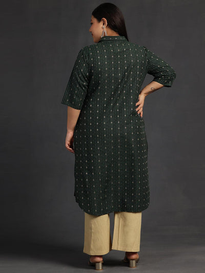 Plus Size Green Woven Design Cotton Straight Kurta - Libas