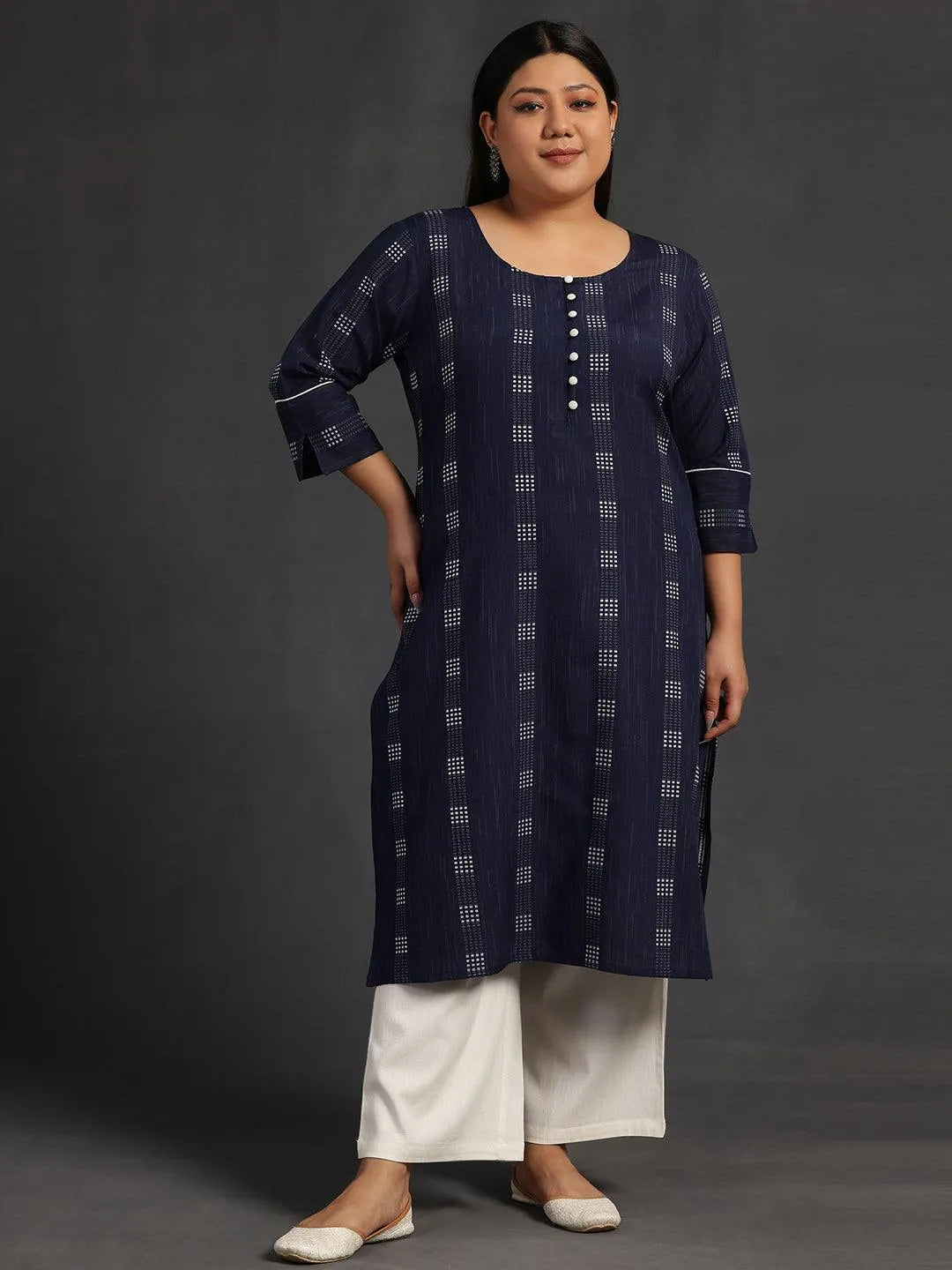 Plus Size Blue Woven Design Cotton Straight Kurta-image-17
