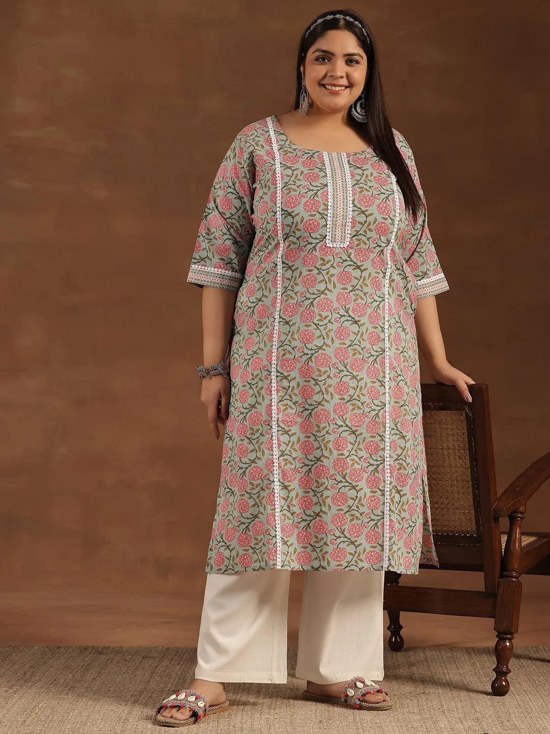 Plus Size Blue Printed Cotton Straight Kurta - Libas 