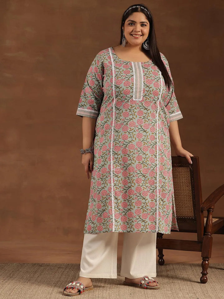 Plus Size Blue Printed Cotton Straight Kurta - Libas