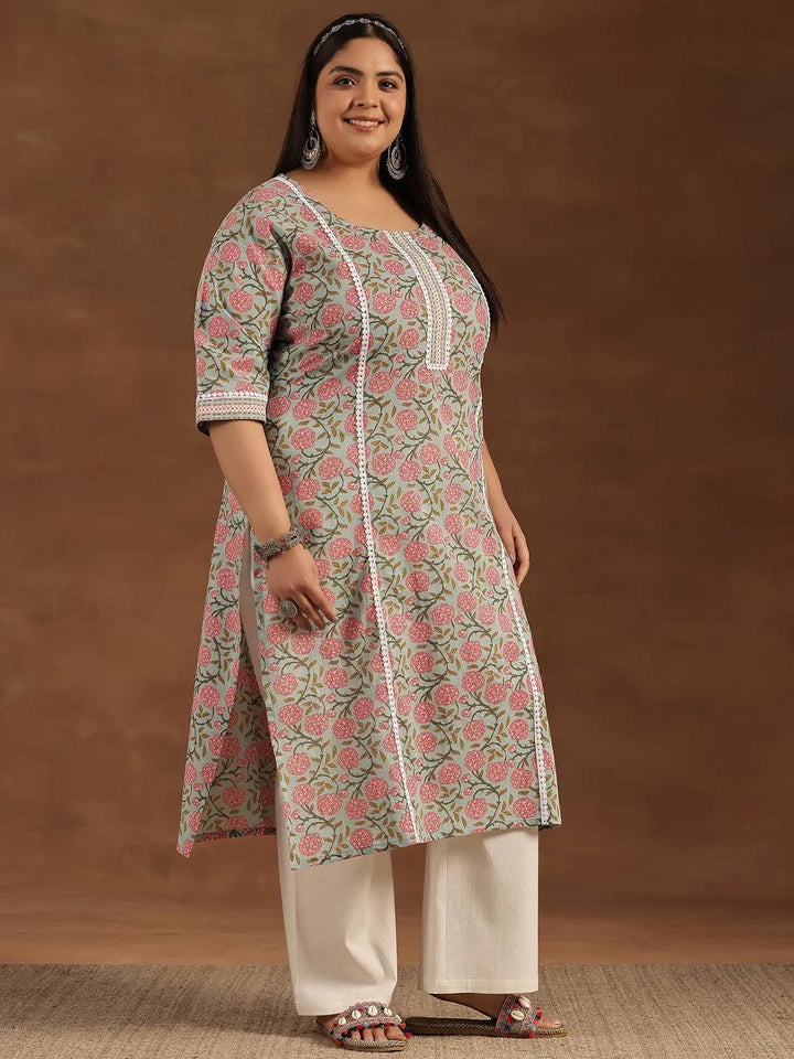 Plus Size Blue Printed Cotton Straight Kurta - Libas