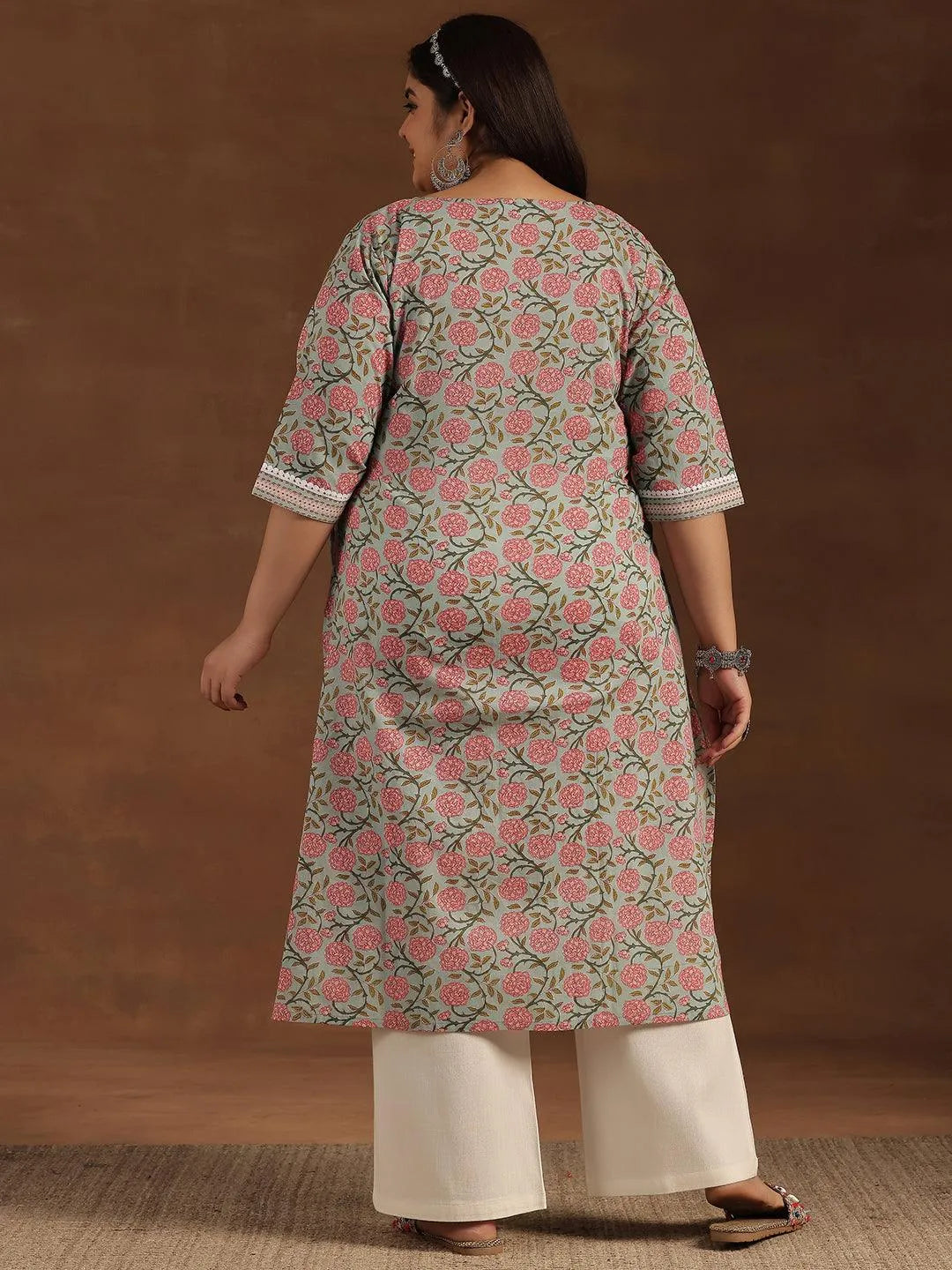 Plus Size Blue Printed Cotton Straight Kurta - Libas 