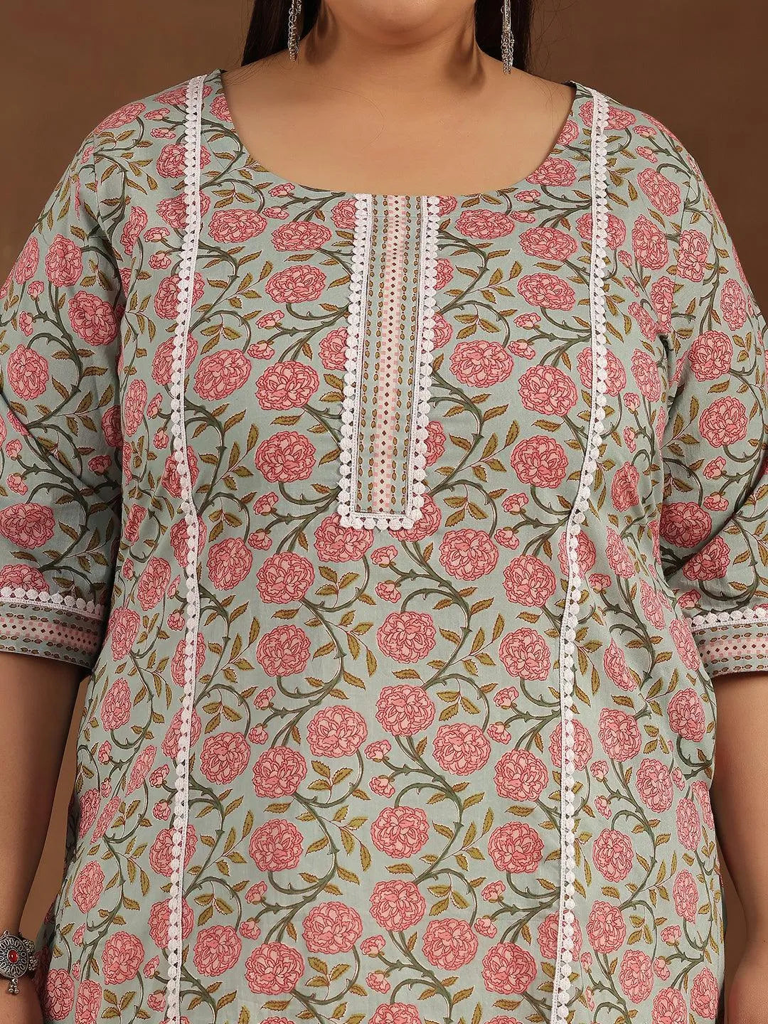 Plus Size Blue Printed Cotton Straight Kurta - Libas 