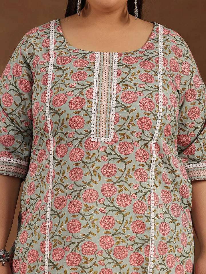 Plus Size Blue Printed Cotton Straight Kurta - Libas