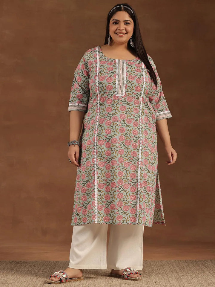 Plus Size Blue Printed Cotton Straight Kurta - Libas