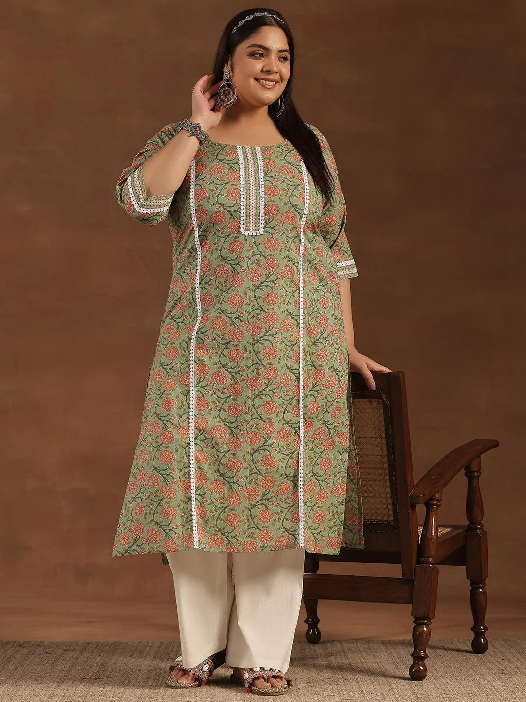 Plus Size Green Printed Cotton Straight Kurta - Libas 