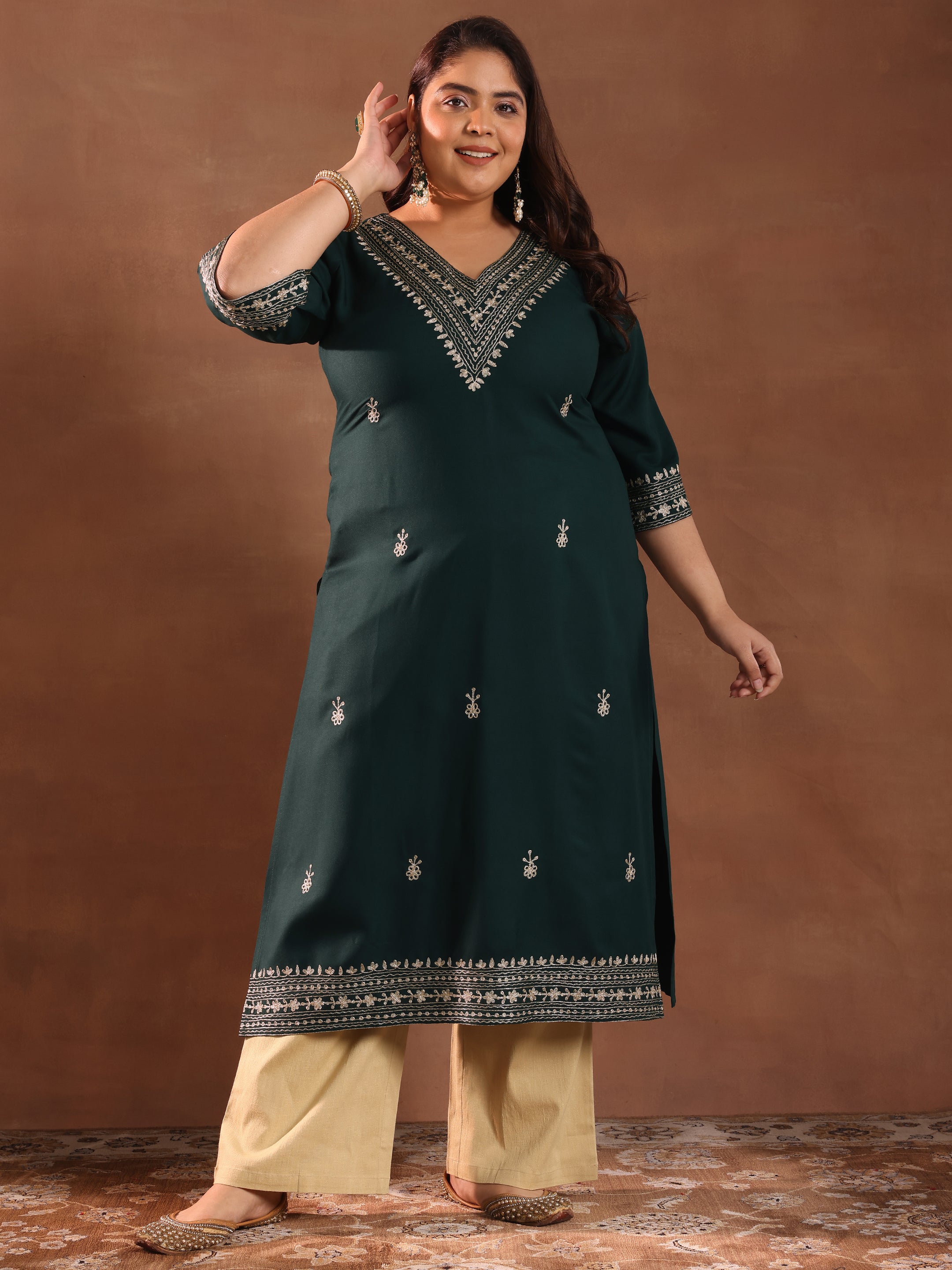 libas Plus Size Green Embroidered Rayon Straight Kurta-picture-66