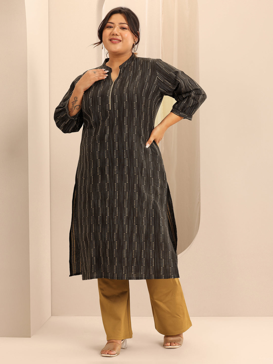  Plus Size Black Woven Design Cotton Straight Kurta 