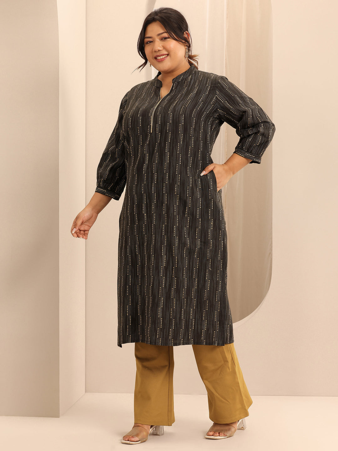  Plus Size Black Woven Design Cotton Straight Kurta 