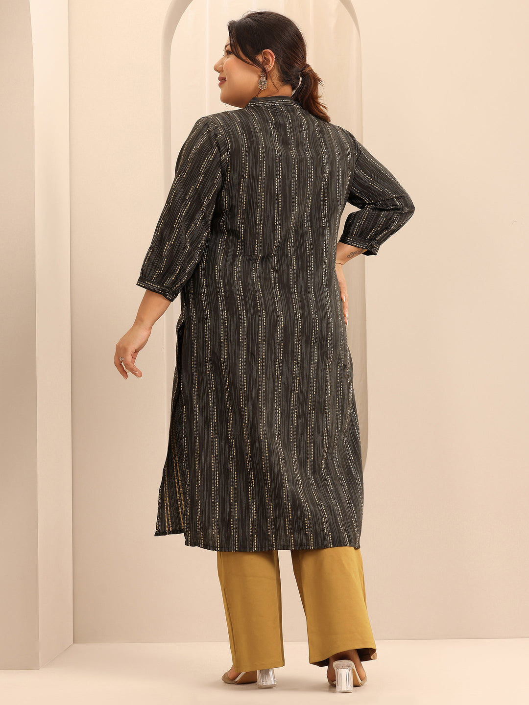  Plus Size Black Woven Design Cotton Straight Kurta 