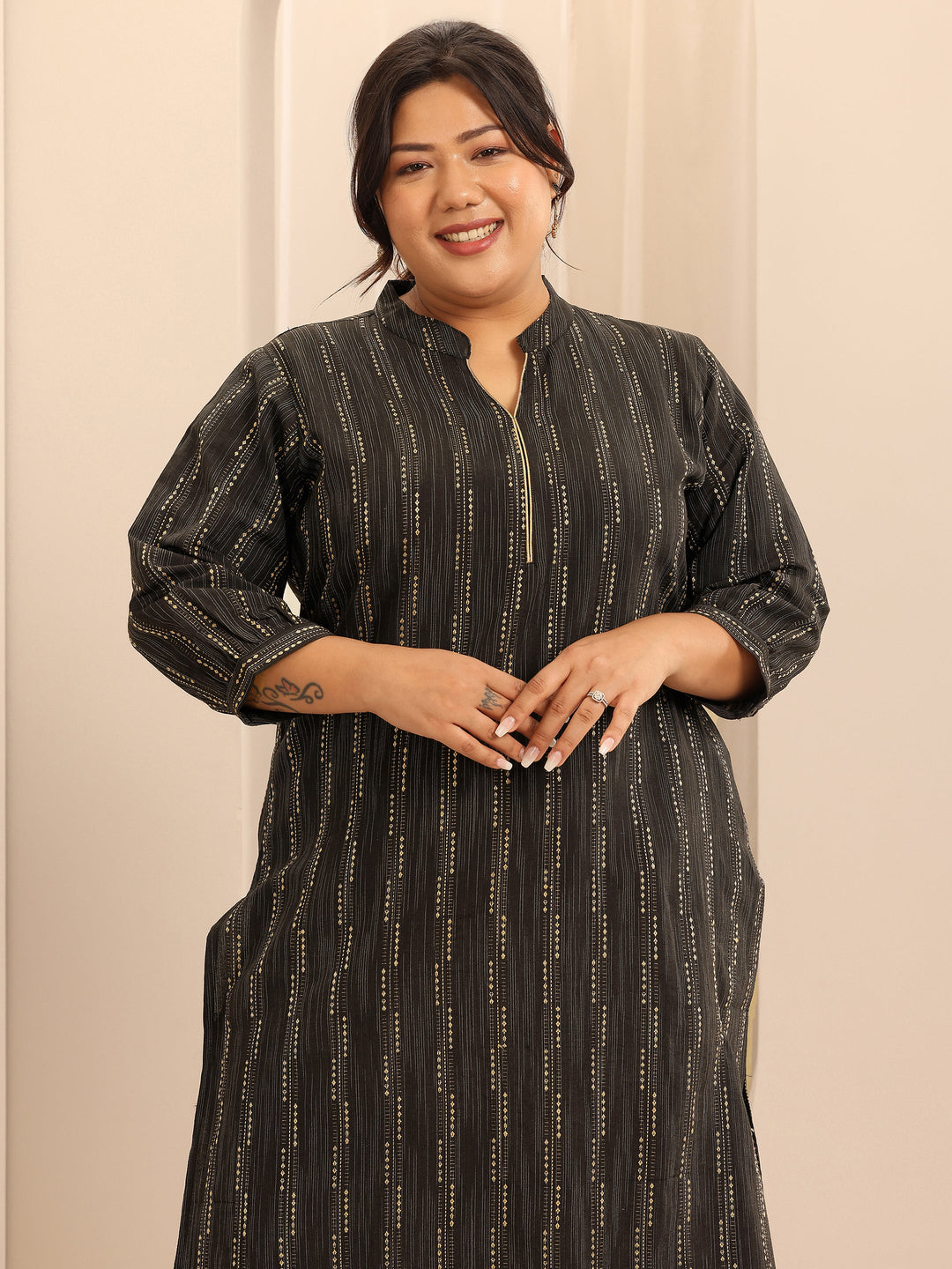  Plus Size Black Woven Design Cotton Straight Kurta 