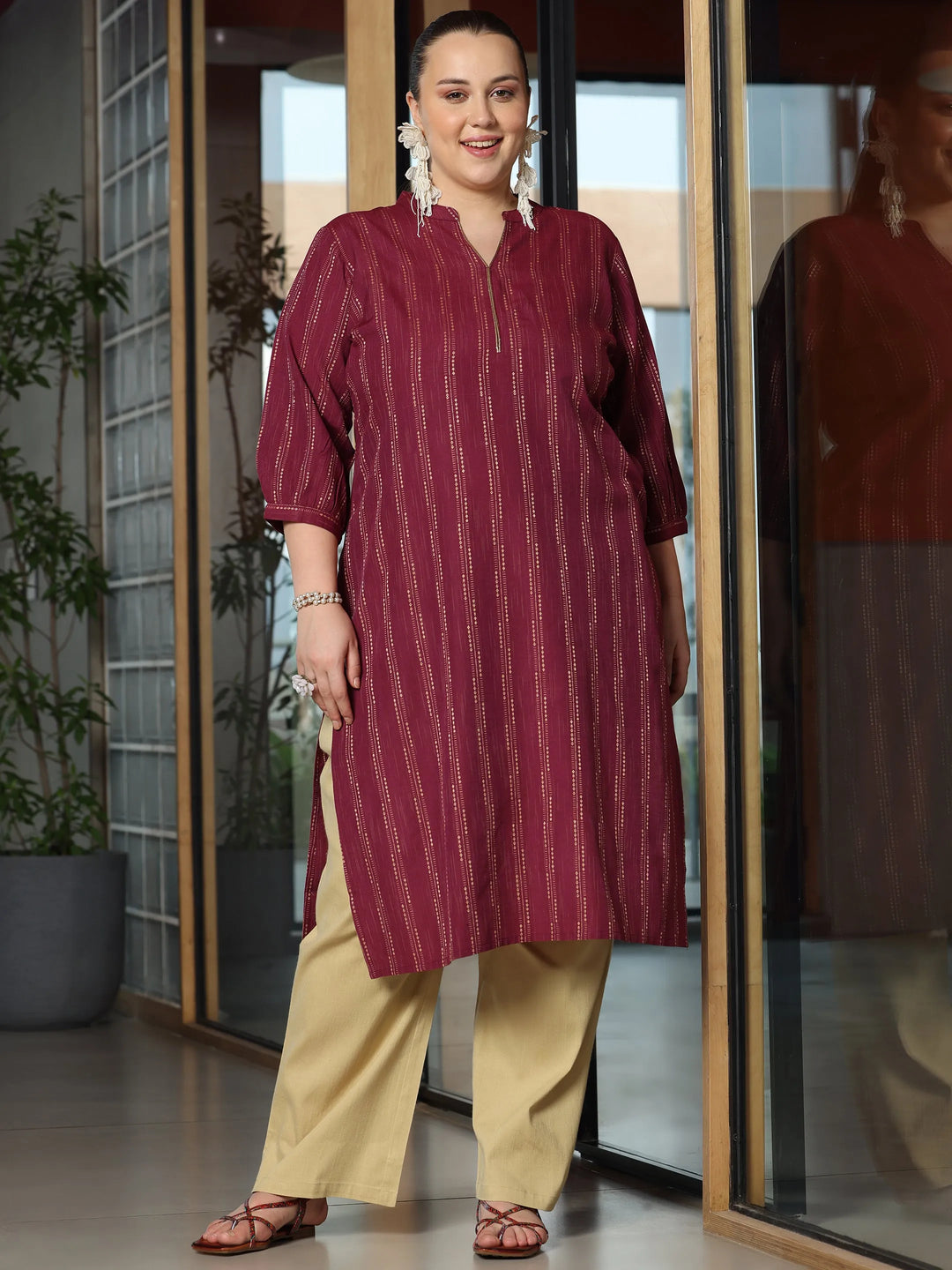  Plus Size Maroon Woven Design Cotton Straight Kurta 