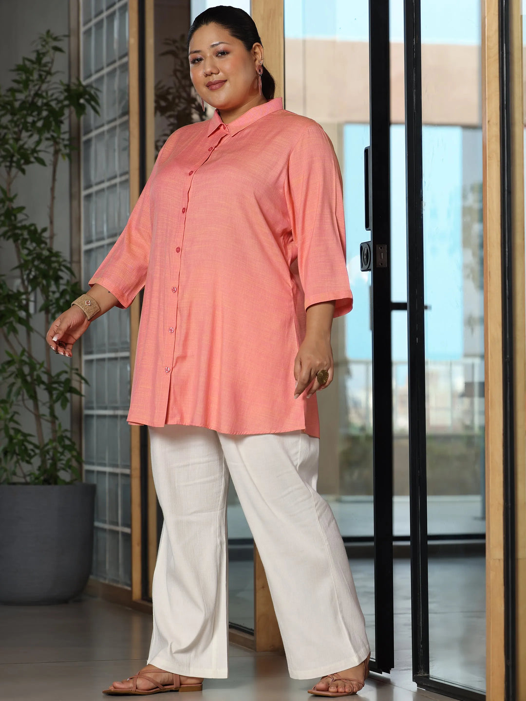  Plus Size Peach Solid Straight Rayon Kurti 
