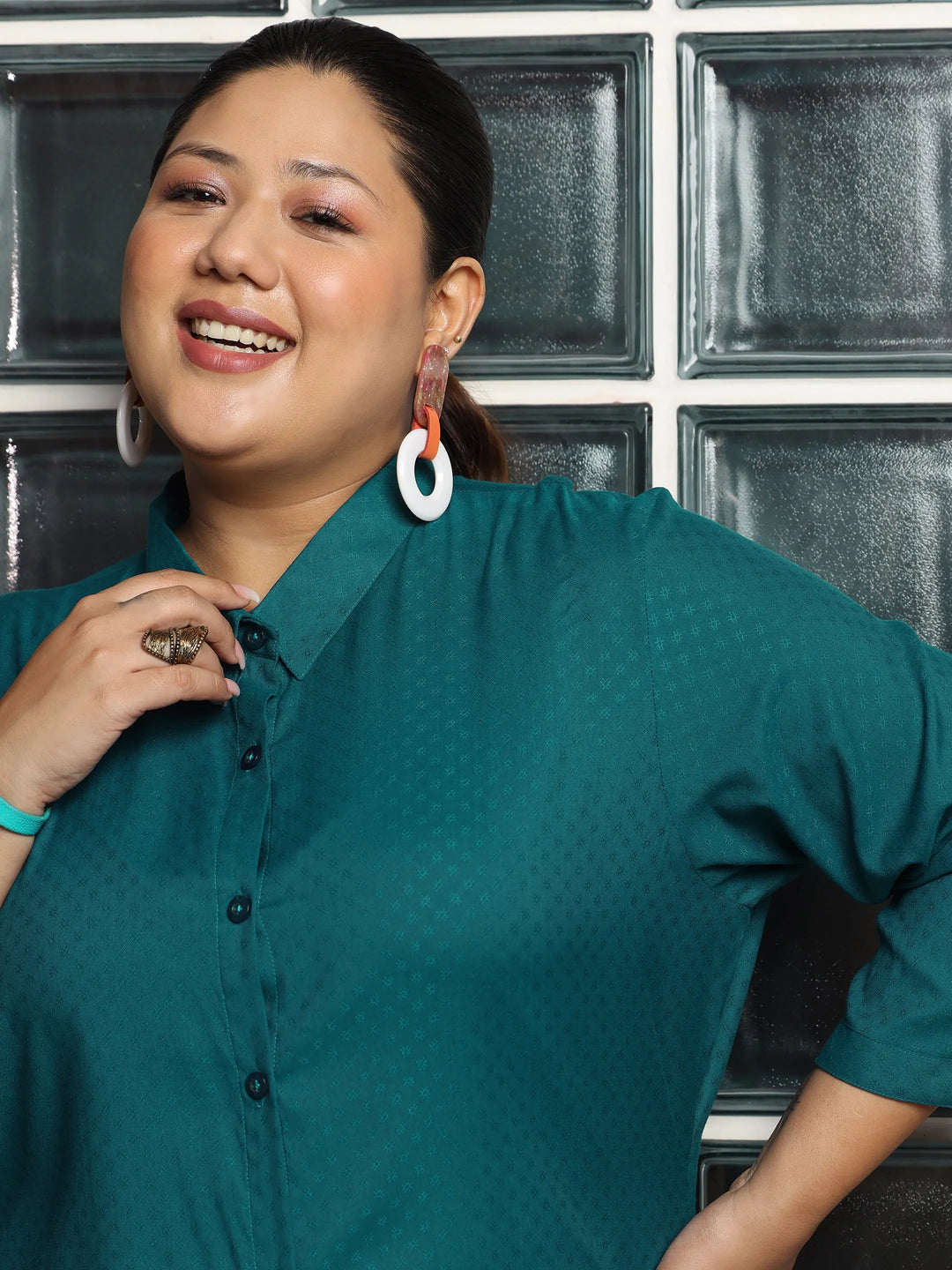  Plus Size Teal Woven Design Straight Rayon Kurti 