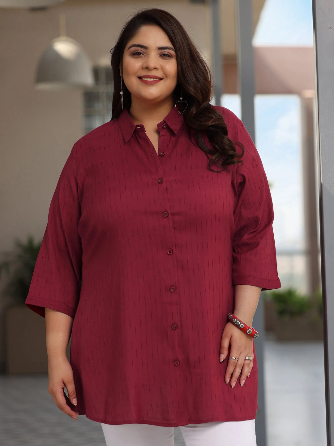  Plus Size Red Solid Rayon Straight Kurti 