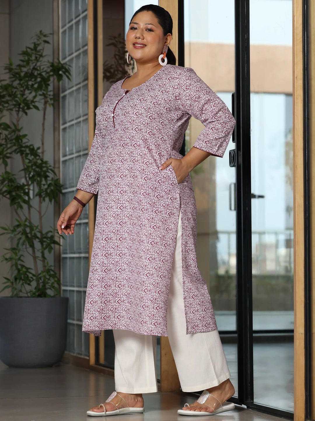  Plus Size Maroon Printed Cotton Straight Kurta 
