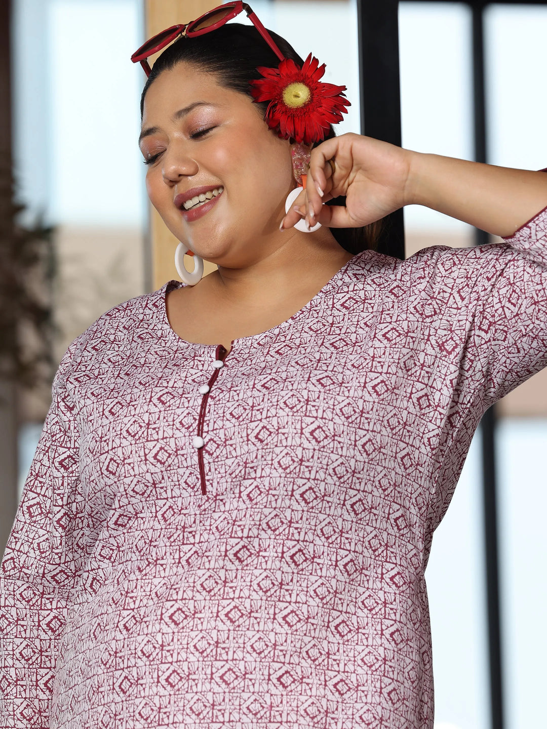  Plus Size Maroon Printed Cotton Straight Kurta 