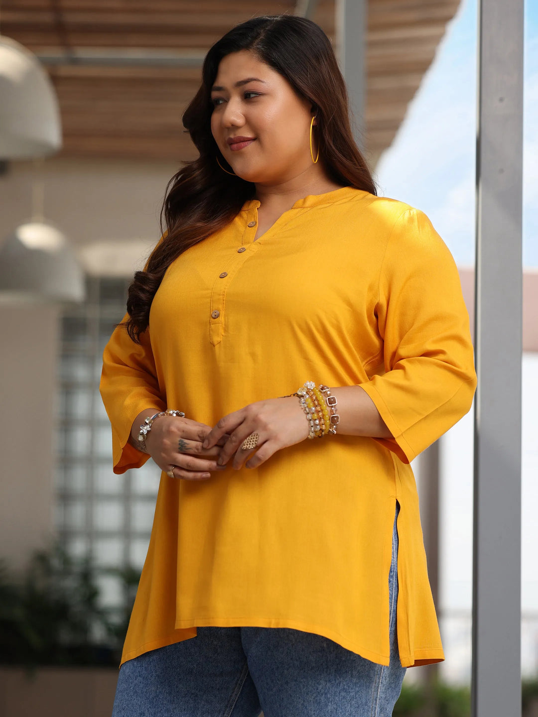 Plus Size Mustard Solid Rayon Straight Kurti 