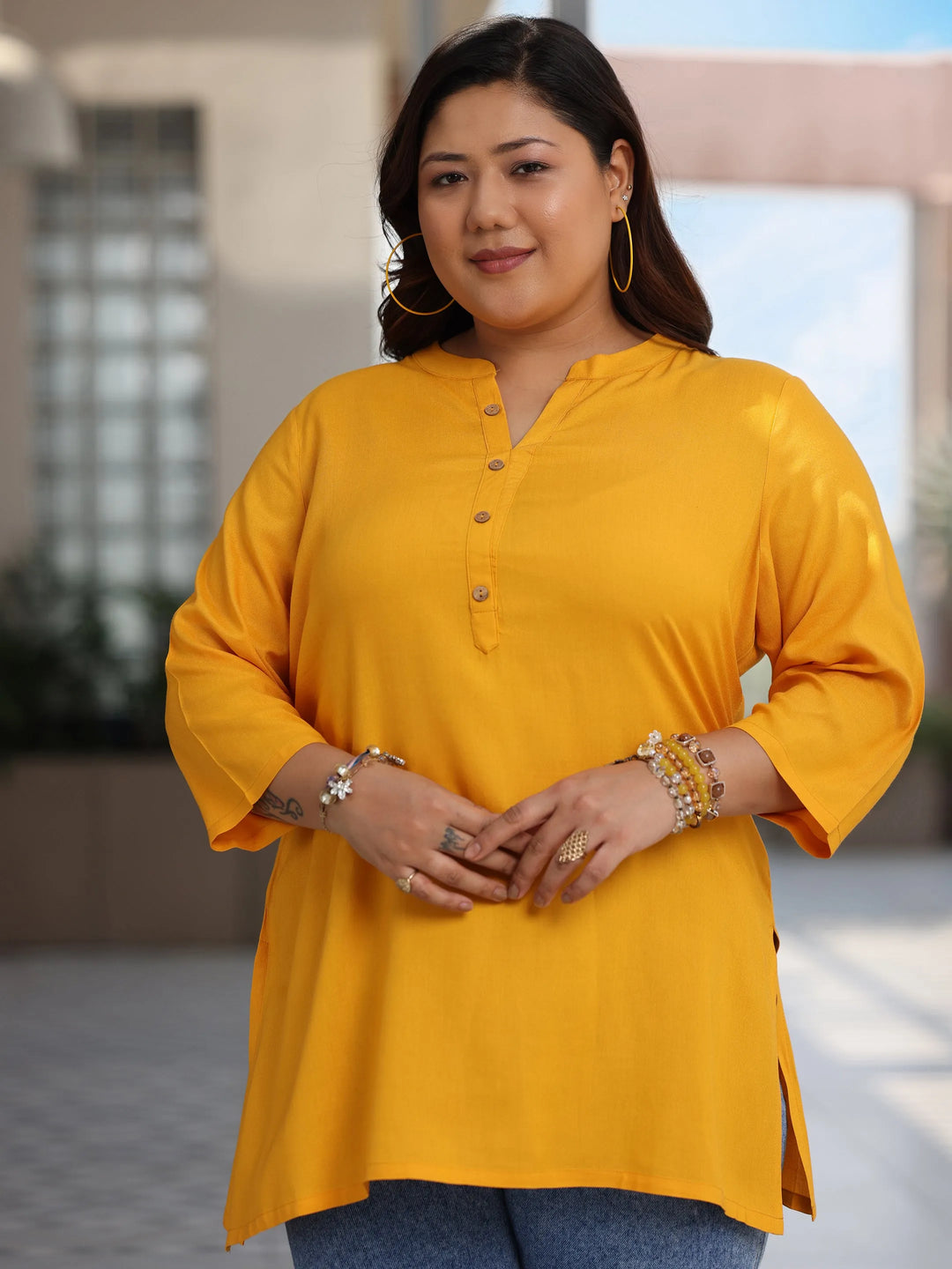  Plus Size Mustard Solid Rayon Straight Kurti 
