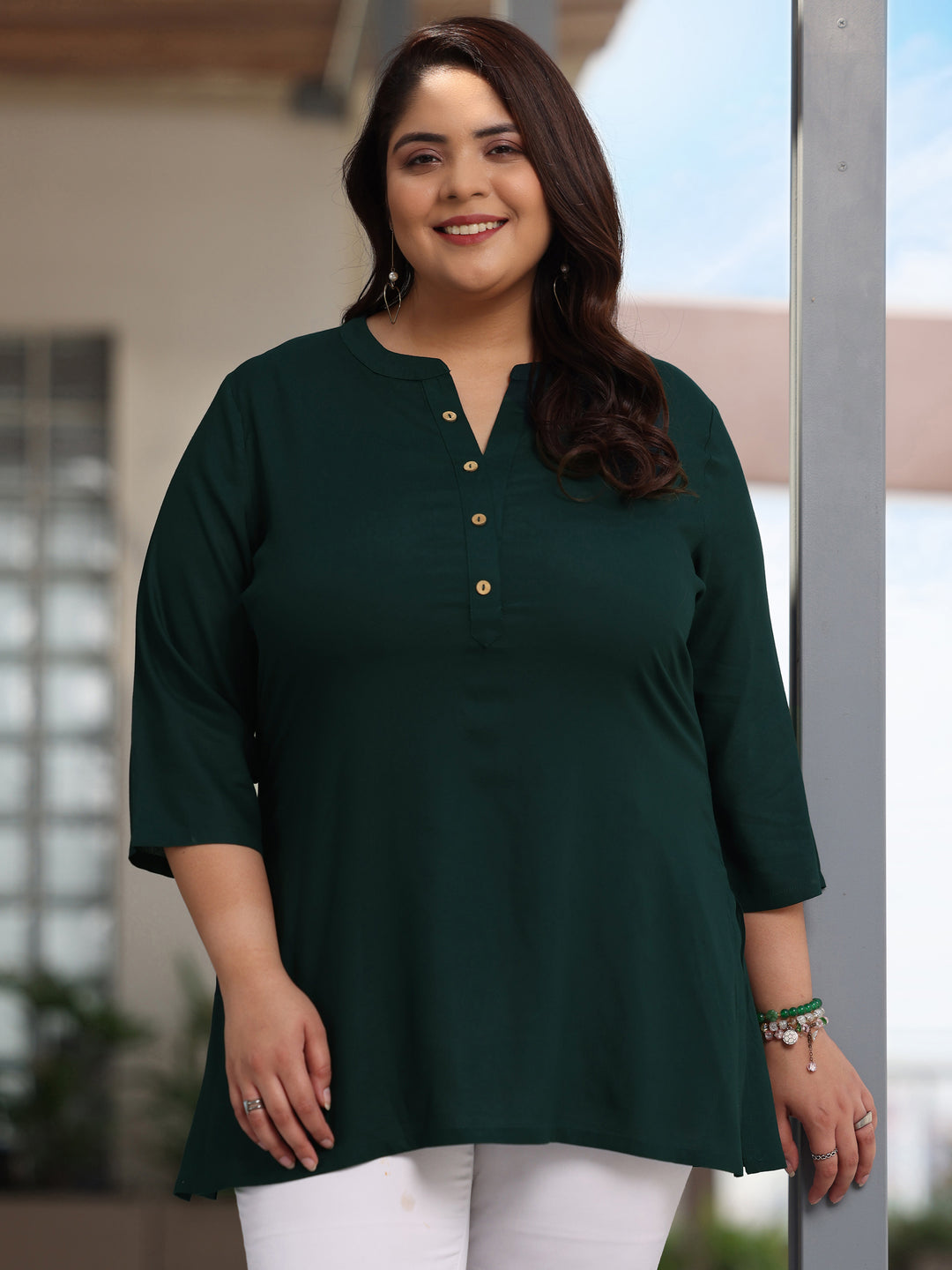  Plus Size Green Solid Rayon Straight Kurti 