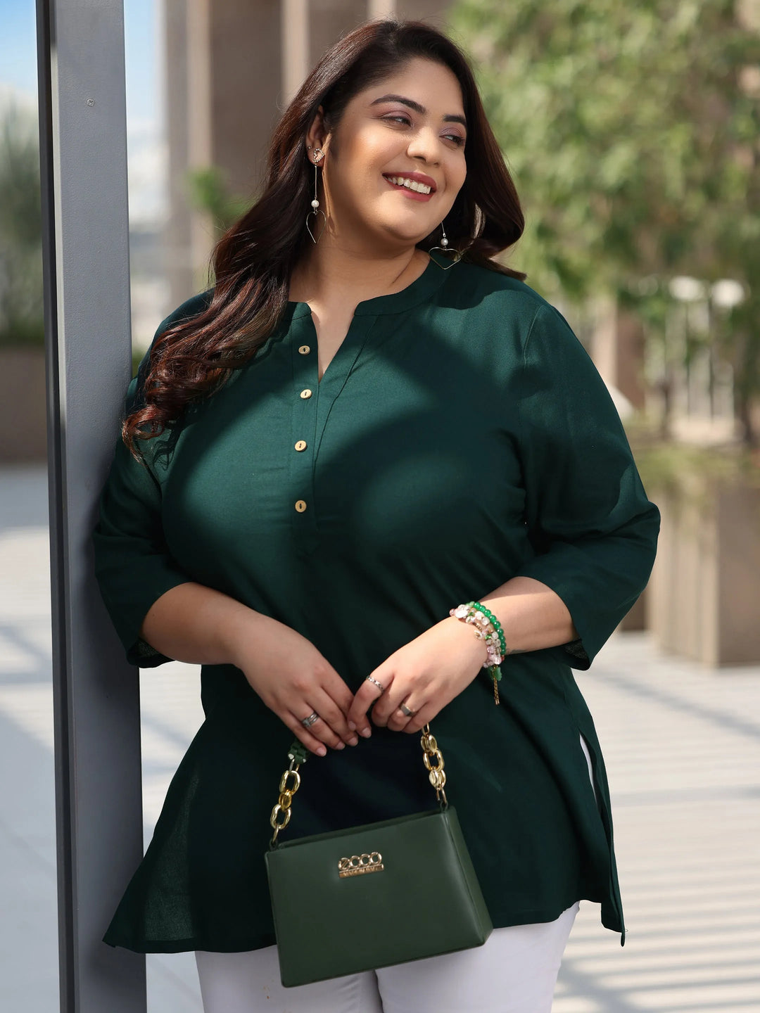  Plus Size Green Solid Rayon Straight Kurti 