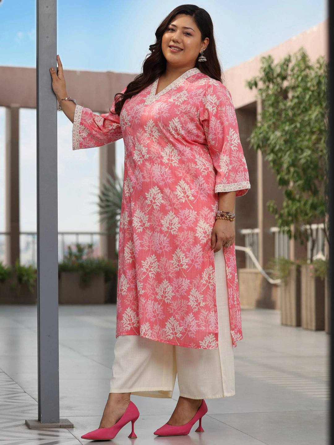  Plus Size Pink Printed Cotton Straight Kurta 
