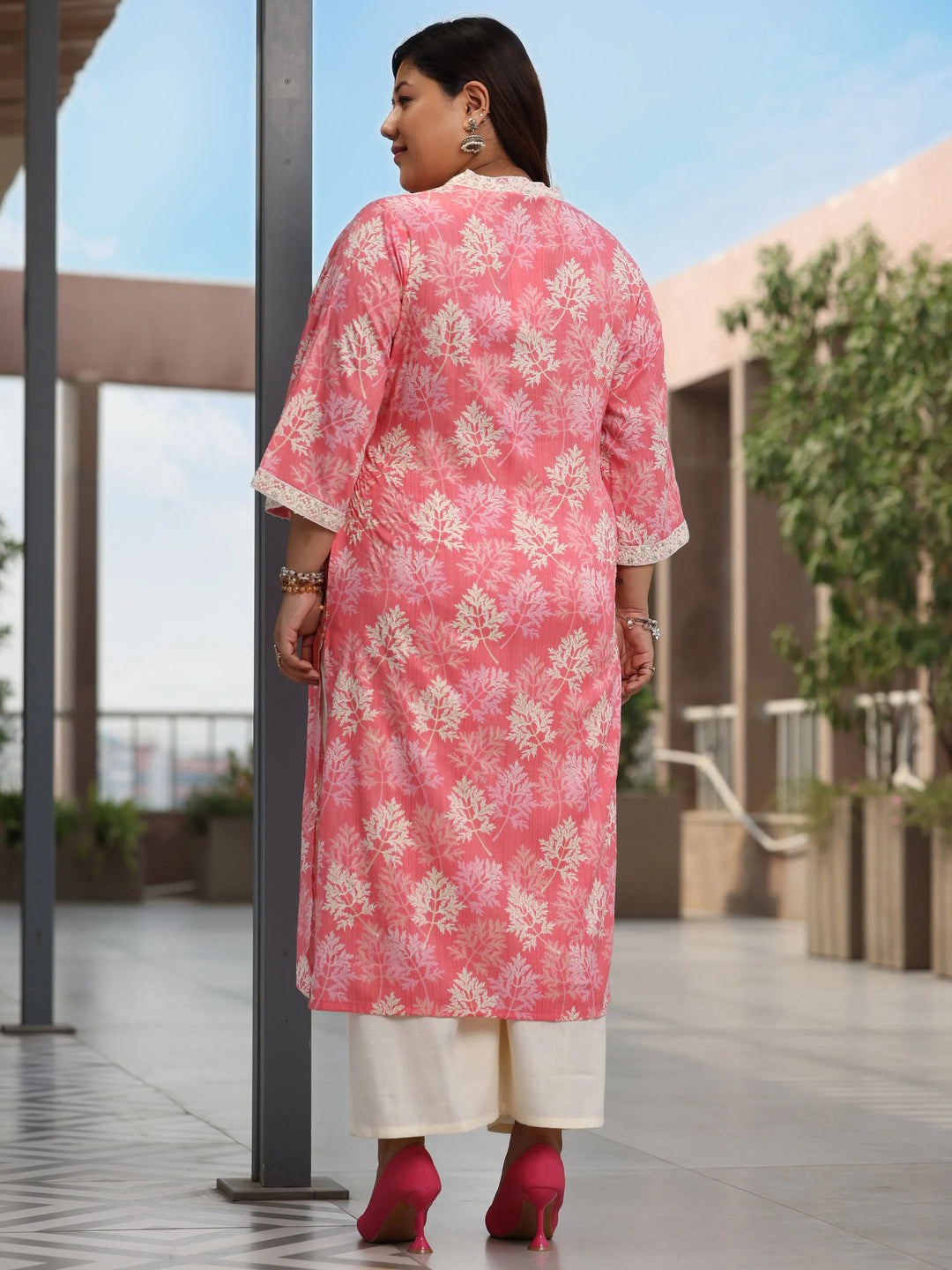  Plus Size Pink Printed Cotton Straight Kurta 