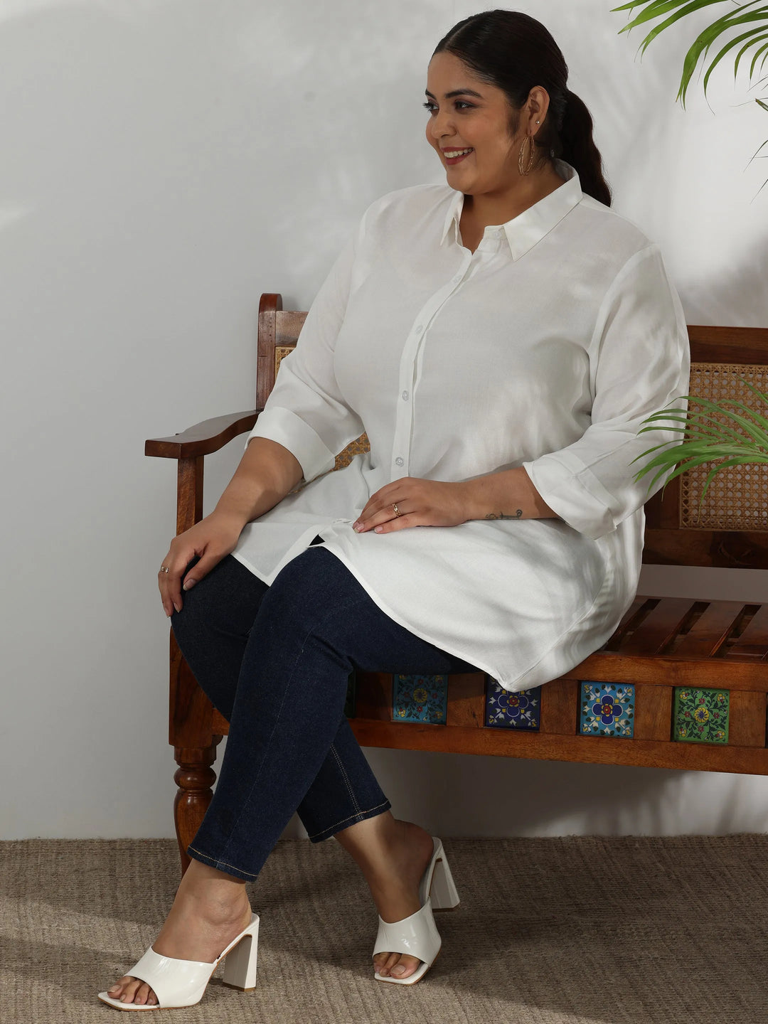  Plus Size Off White Solid Rayon A-Line Kurti 