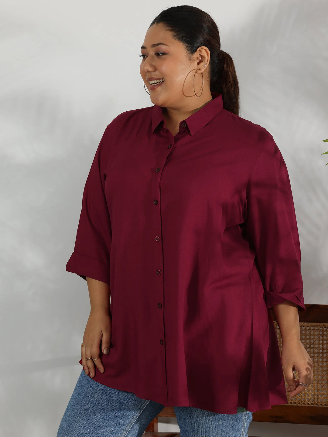  Plus Size Maroon Solid Rayon A-Line Kurti 