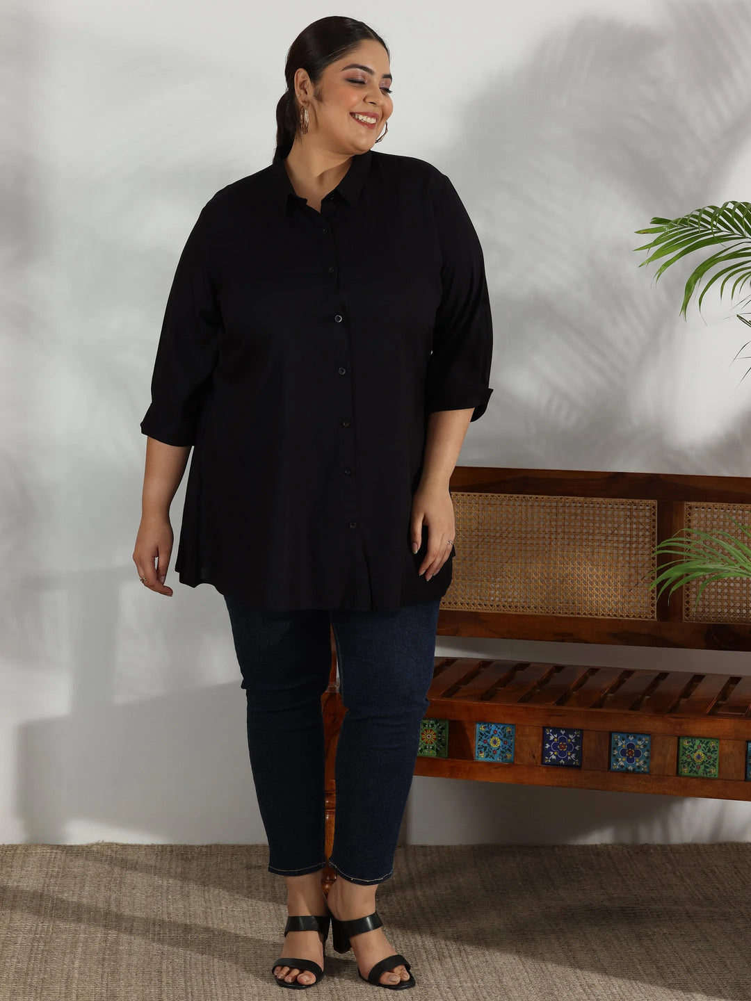  Plus Size Black Solid Rayon A-Line Kurti 