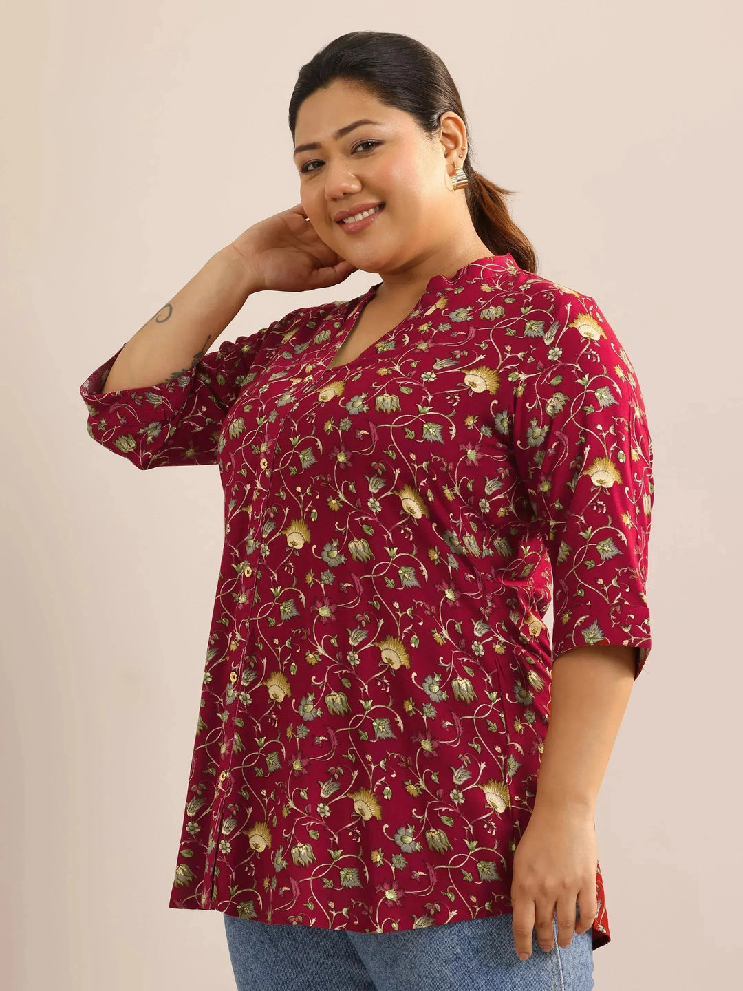  Plus Size Red Printed Viscose Rayon Straight Short Kurti 