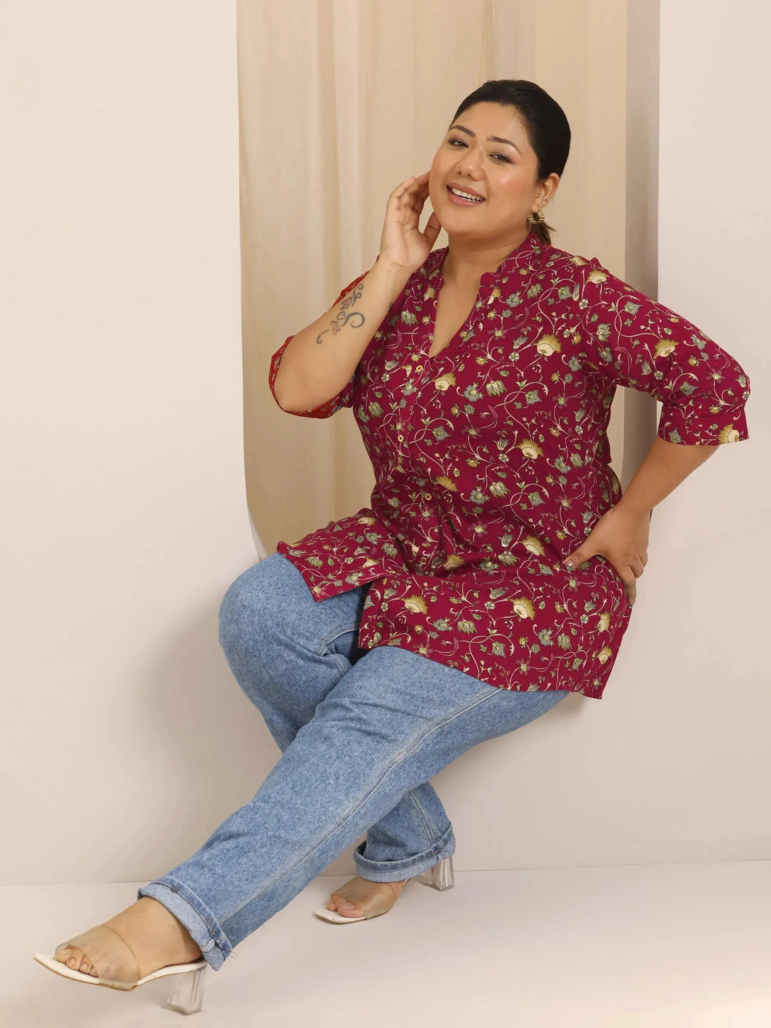 Plus Size Red Printed Viscose Rayon Straight Short Kurti 