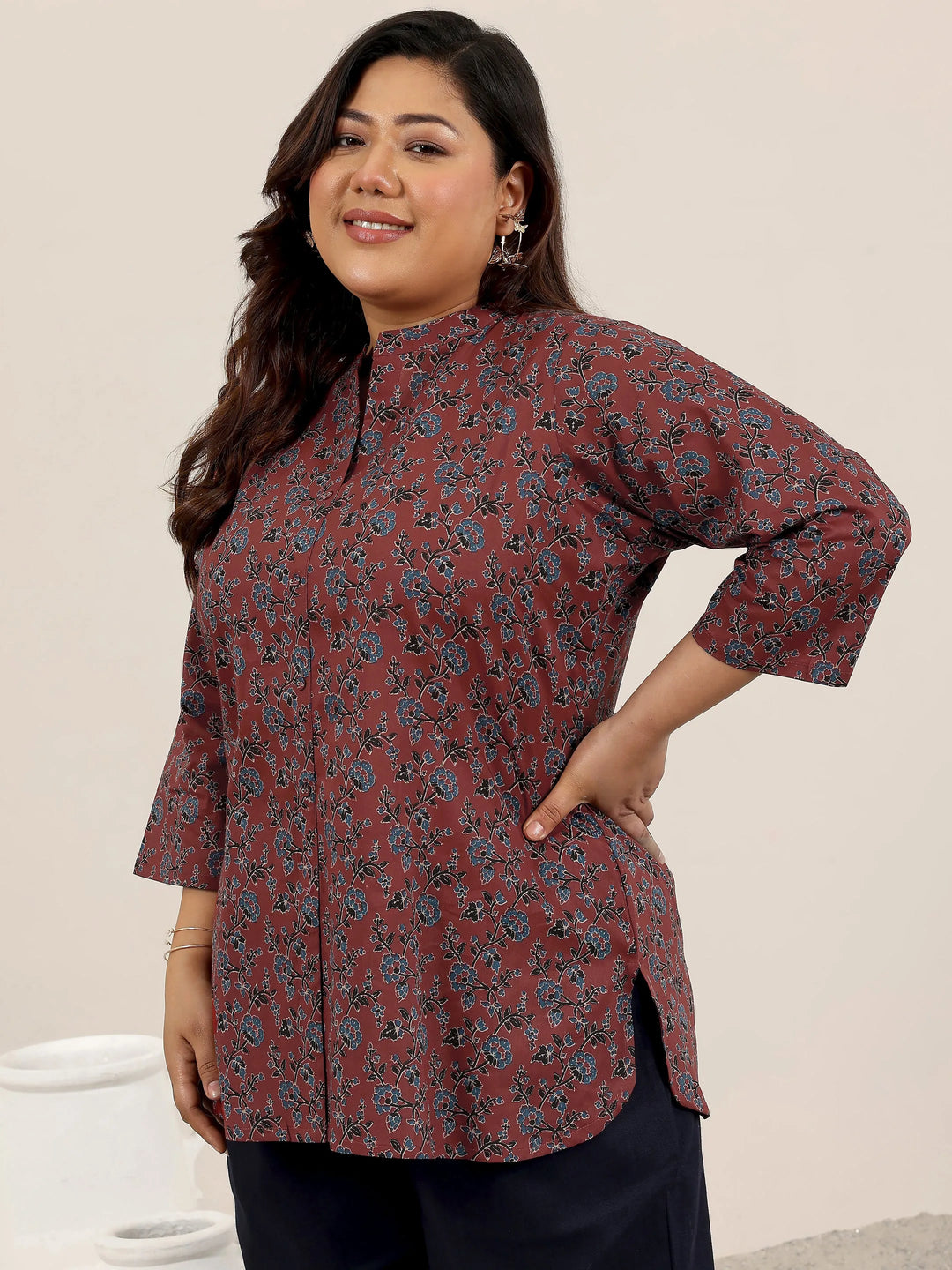  Plus Size Maroon Printed Cotton Straight Short Kurti 