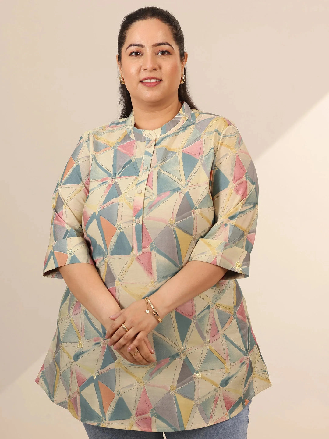  Plus Size Multi Printed Silk Blend Straight Short Kurti 