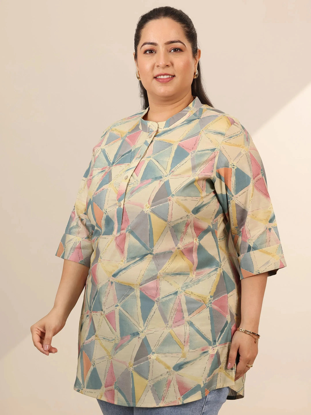 Plus Size Multi Printed Silk Blend Straight Short Kurti