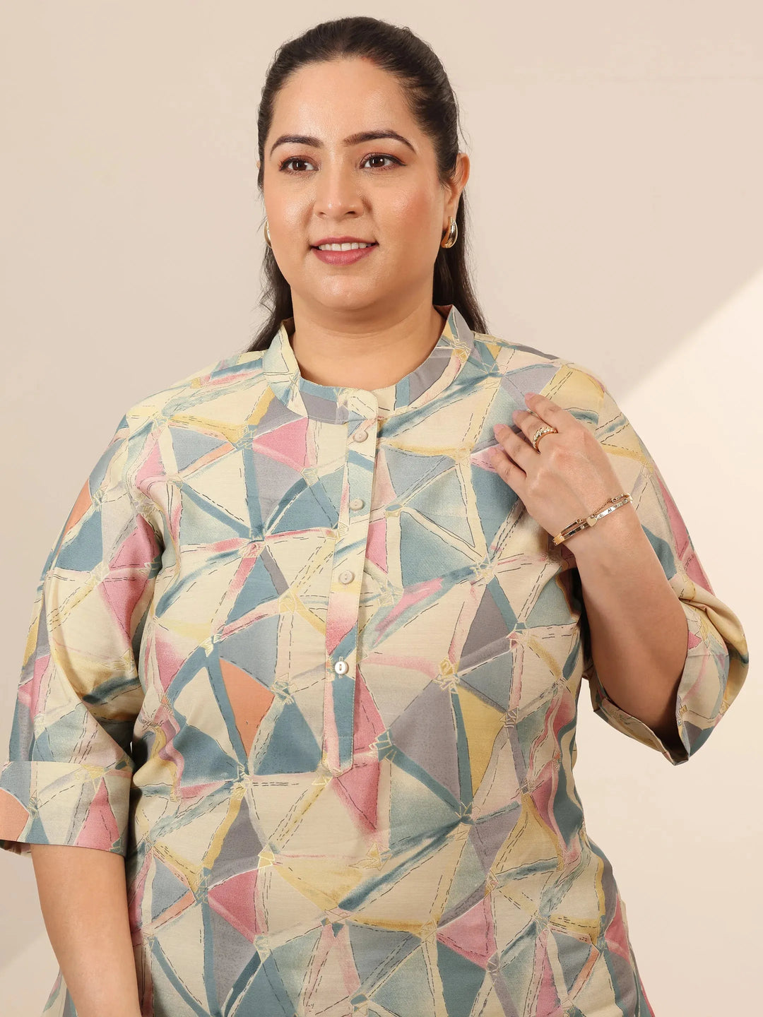  Plus Size Multi Printed Silk Blend Straight Short Kurti 