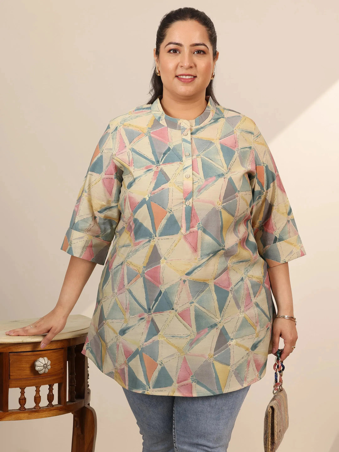  Plus Size Multi Printed Silk Blend Straight Short Kurti 