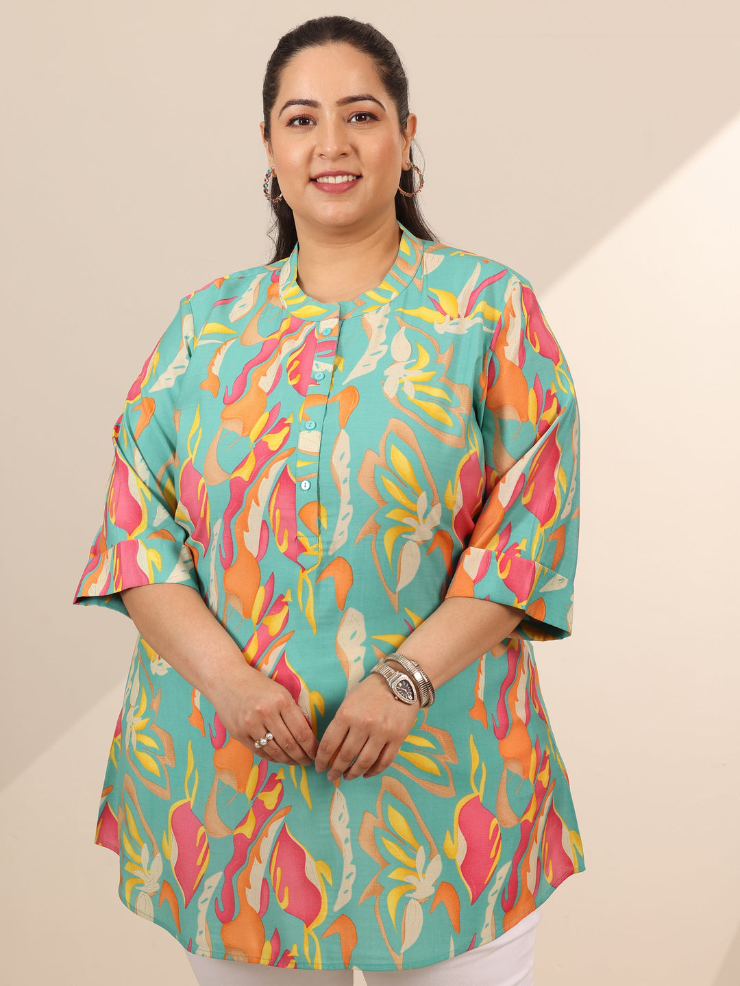  Plus Size Multi Printed Silk Blend Straight Short Kurti 