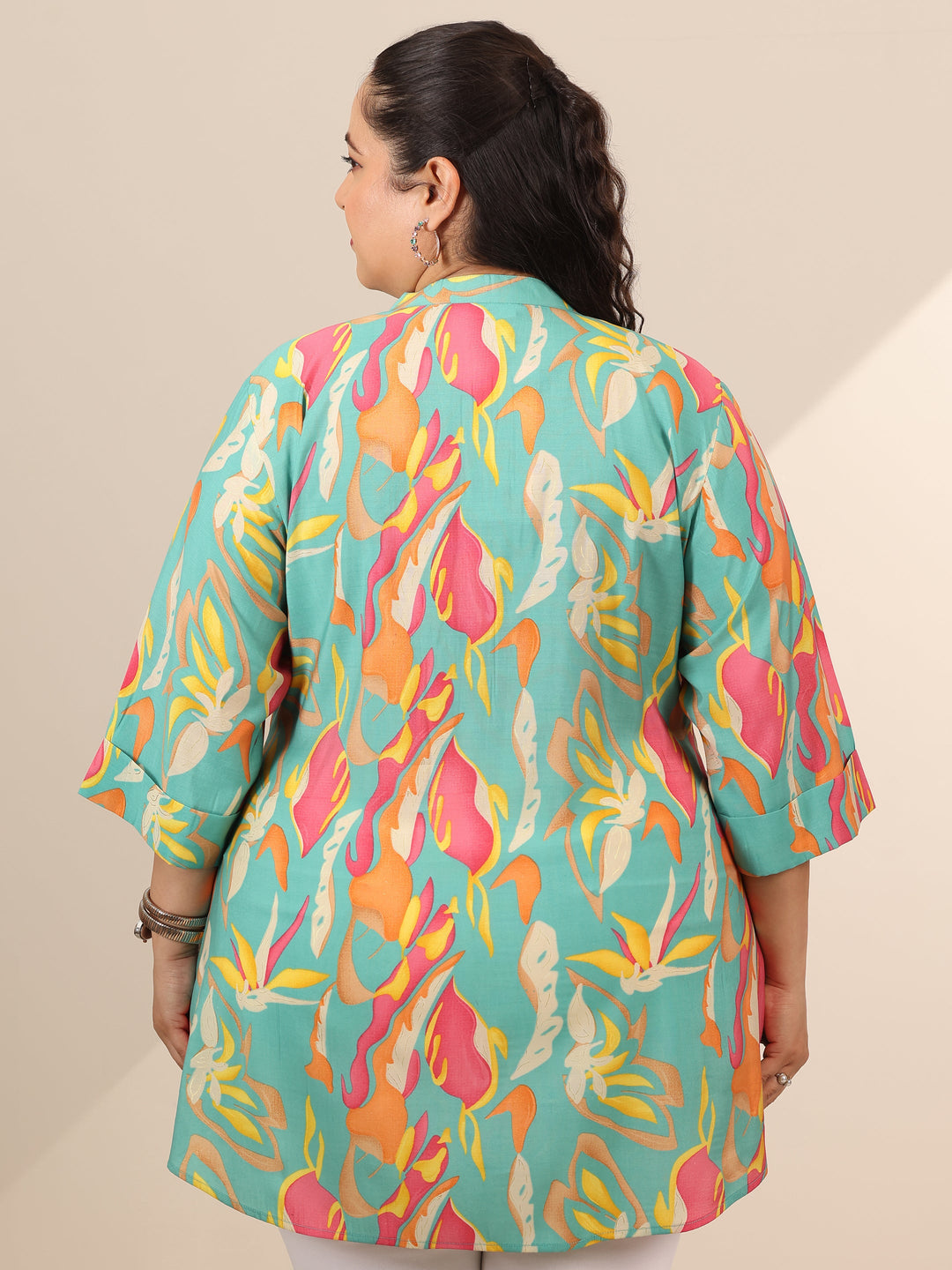  Plus Size Multi Printed Silk Blend Straight Short Kurti 