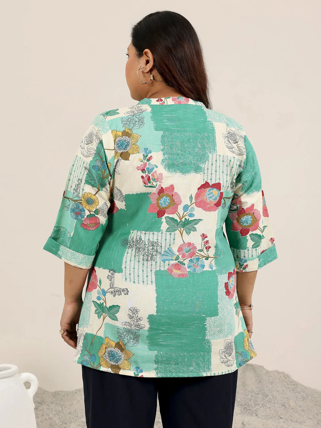  Plus Size Green Printed Cotton Kurti 